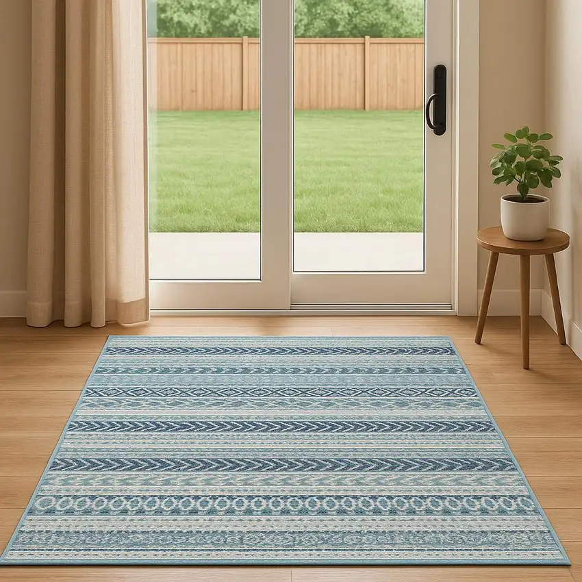 6' Navy Blue And Ivory Geometric Runner Rug Photo 1