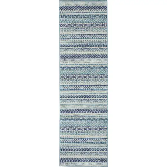 6' Navy Blue And Ivory Geometric Runner Rug Photo 8