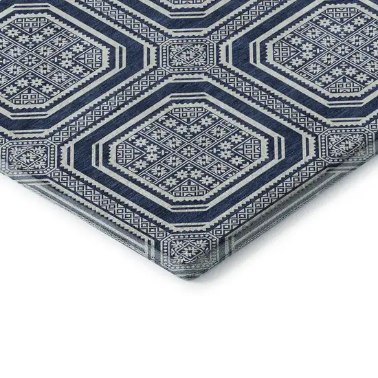 8' Navy Blue And Ivory Geometric Washable Area Rug With UV Protection Photo 1