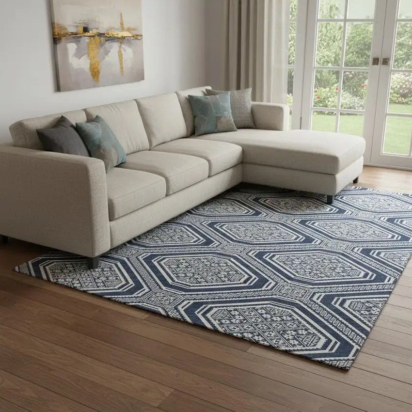 8' Navy Blue And Ivory Geometric Washable Area Rug With UV Protection Photo 2