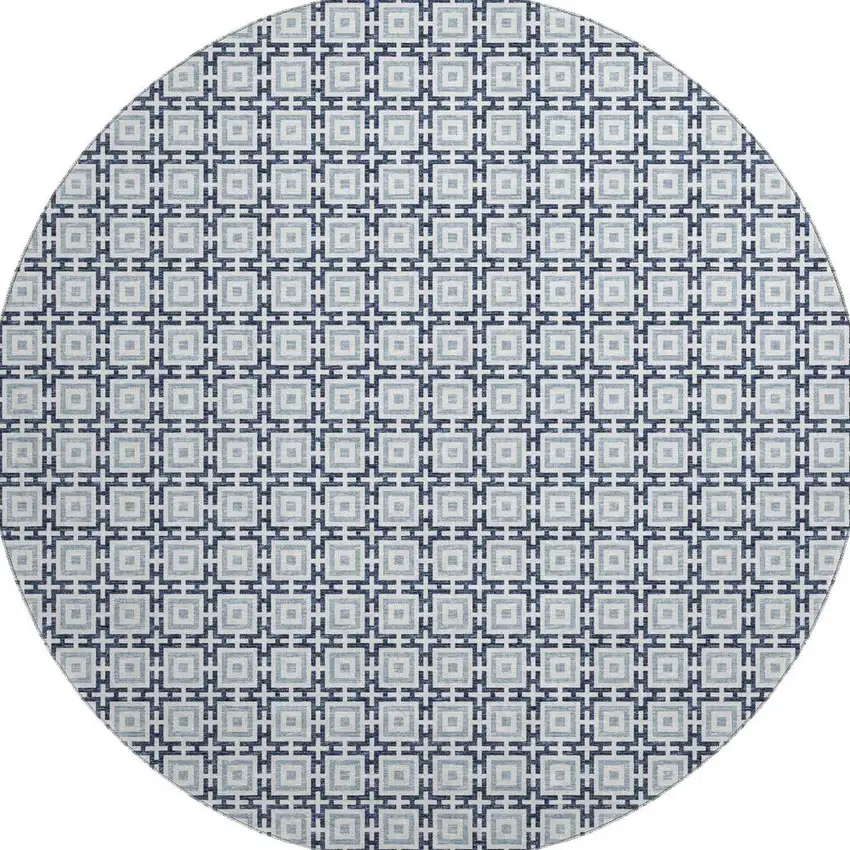 8' Navy Blue And Ivory Geometric Washable Round Rug With UV Protection Photo 4