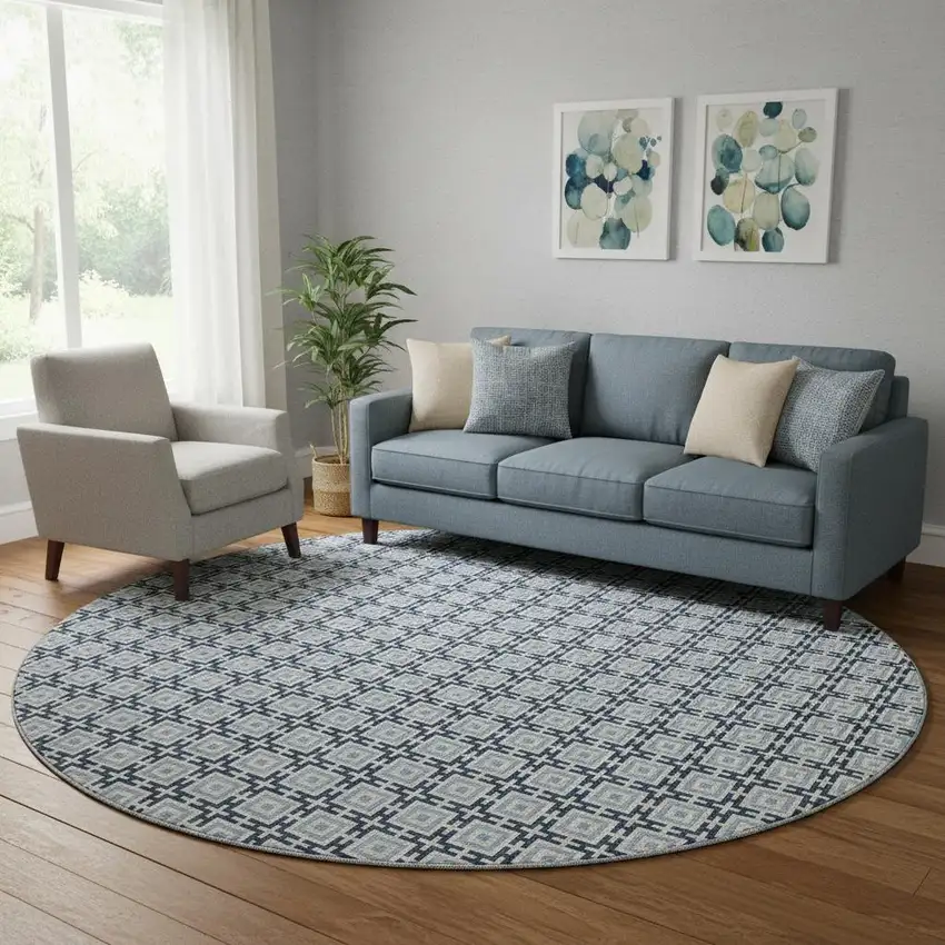 8' Navy Blue And Ivory Geometric Washable Round Rug With UV Protection Photo 1