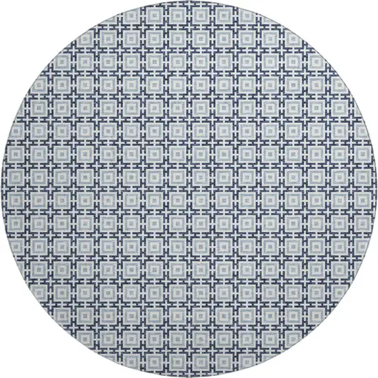 8' Navy Blue And Ivory Geometric Washable Round Rug With UV Protection Photo 2