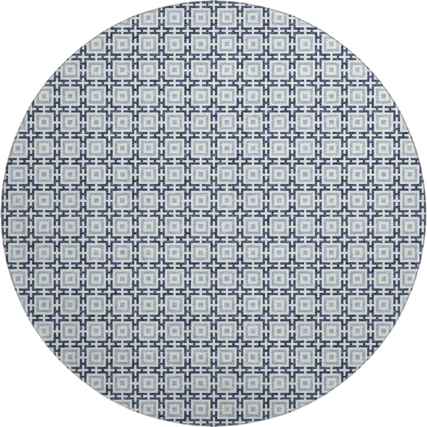 8' Navy Blue And Ivory Geometric Washable Round Rug With UV Protection Photo 2