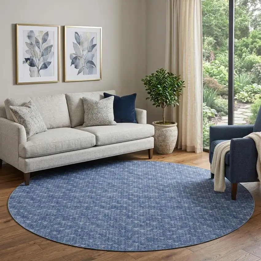 8' Navy Blue And Ivory Geometric Washable Round Rug With UV Protection Photo 1