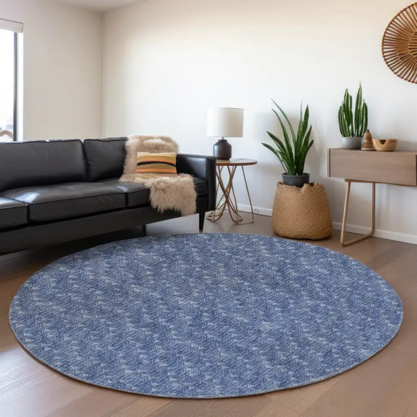 8' Navy Blue And Ivory Geometric Washable Round Rug With UV Protection Photo 5
