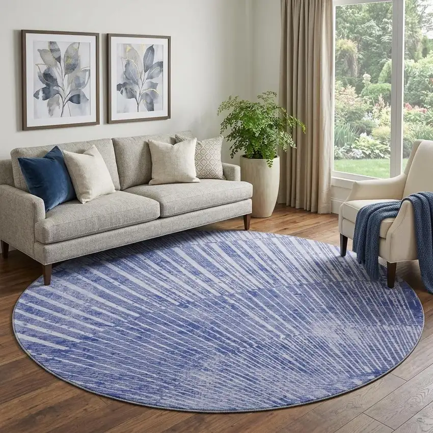 8' Navy Blue And Ivory Geometric Washable Round Rug With UV Protection Photo 1