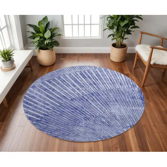 8' Navy Blue And Ivory Geometric Washable Round Rug With UV Protection Photo 2