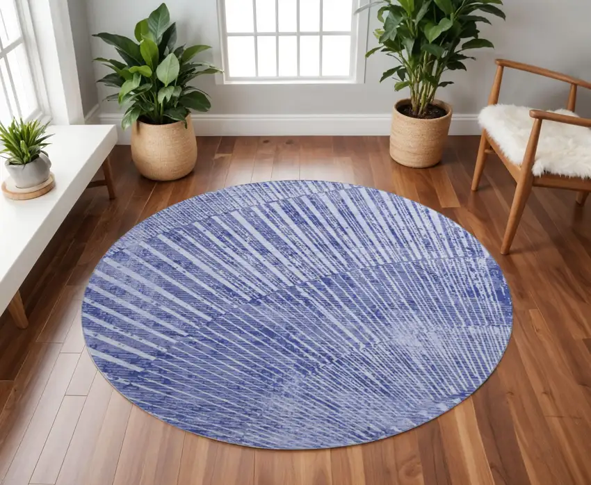 8' Navy Blue And Ivory Geometric Washable Round Rug With UV Protection Photo 2