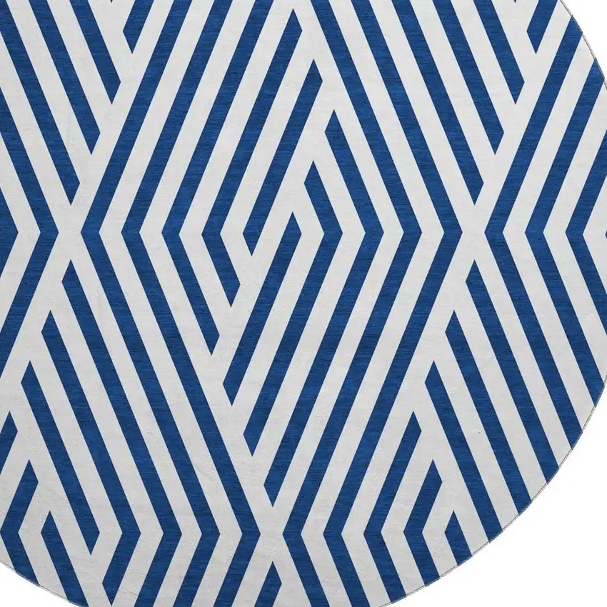 8' Navy Blue And Ivory Geometric Washable Round Rug With UV Protection Photo 3