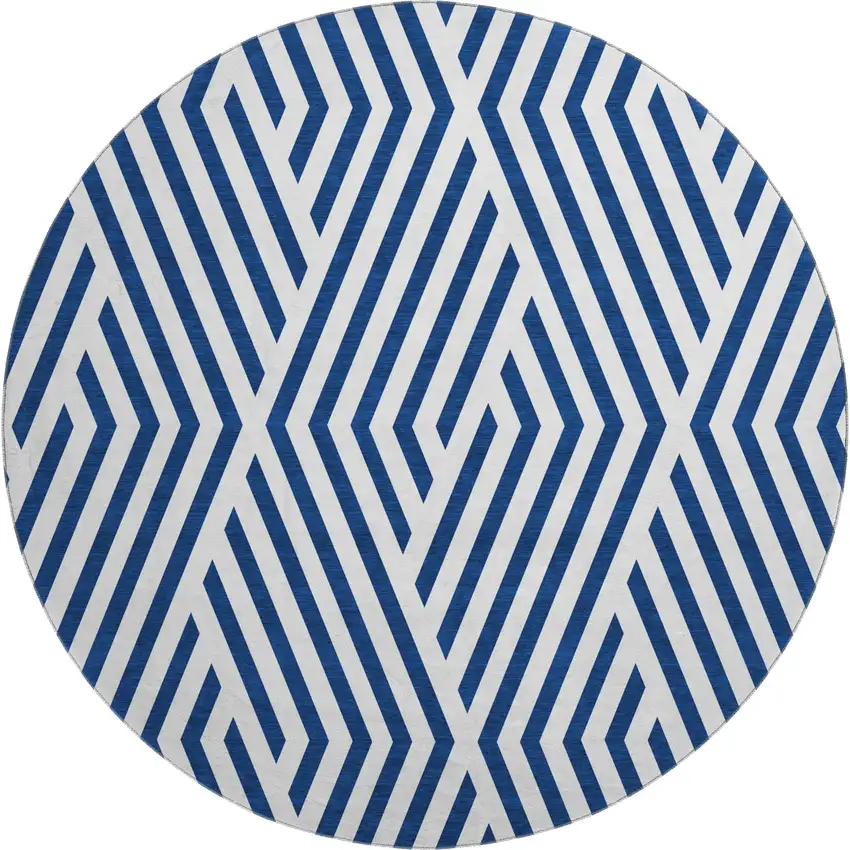 8' Navy Blue And Ivory Geometric Washable Round Rug With UV Protection Photo 1