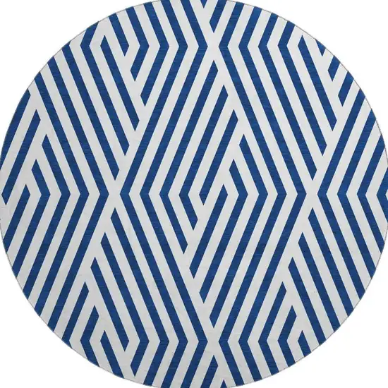 8' Navy Blue And Ivory Geometric Washable Round Rug With UV Protection Photo 4