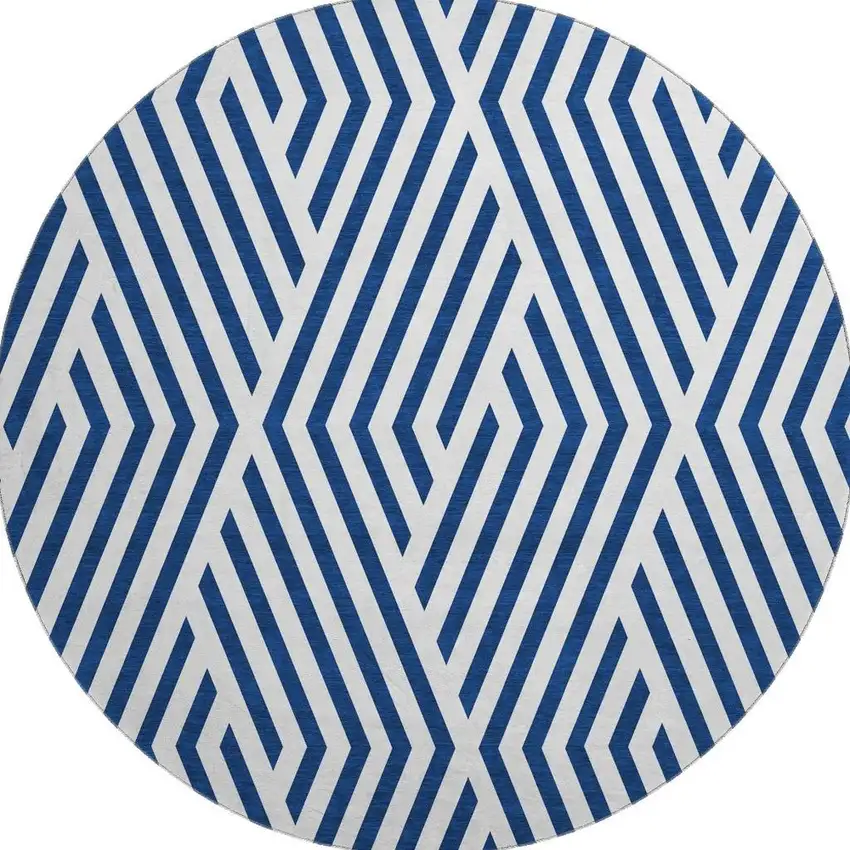 8' Navy Blue And Ivory Geometric Washable Round Rug With UV Protection Photo 4