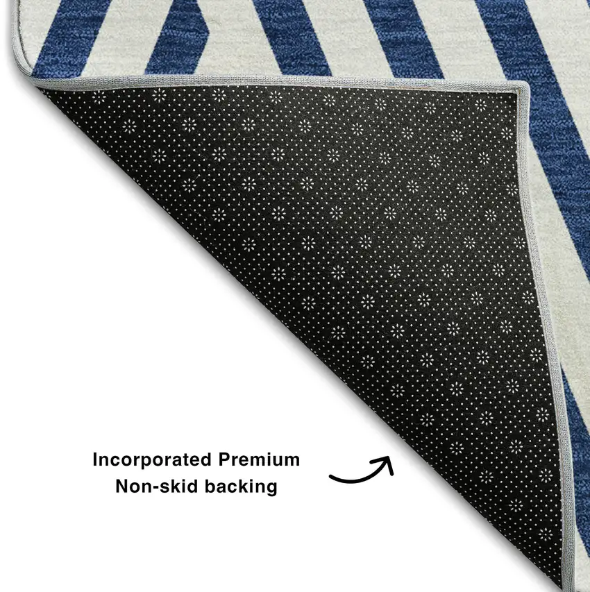 8' Navy Blue And Ivory Geometric Washable Round Rug With UV Protection Photo 6