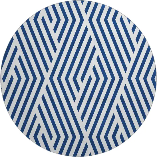 8' Navy Blue And Ivory Geometric Washable Round Rug With UV Protection Photo 2