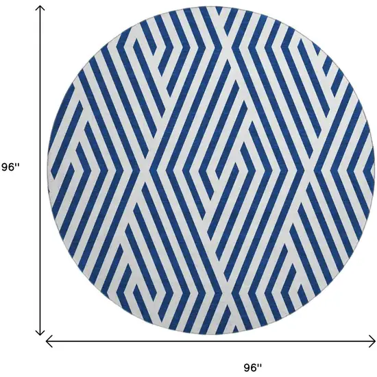 8' Navy Blue And Ivory Geometric Washable Round Rug With UV Protection Photo 3