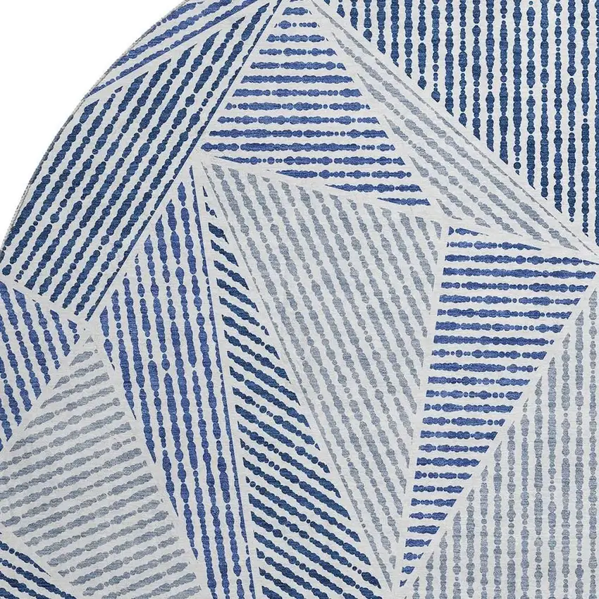 8' Navy Blue And Ivory Geometric Washable Round Rug With UV Protection Photo 4