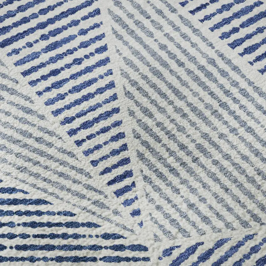 8' Navy Blue And Ivory Geometric Washable Round Rug With UV Protection Photo 9