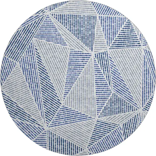 8' Navy Blue And Ivory Geometric Washable Round Rug With UV Protection Photo 1