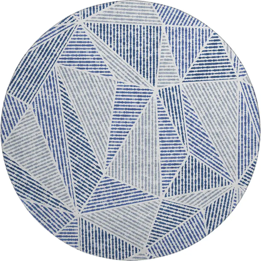 8' Navy Blue And Ivory Geometric Washable Round Rug With UV Protection Photo 1