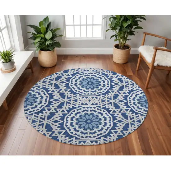 8' Navy Blue And Ivory Geometric Washable Round Rug With UV Protection Photo 2