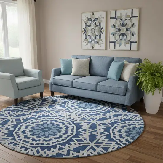 8' Navy Blue And Ivory Geometric Washable Round Rug With UV Protection Photo 1