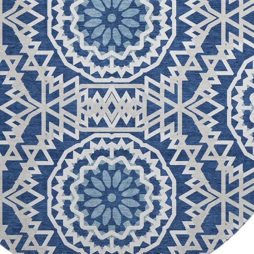 8' Navy Blue And Ivory Geometric Washable Round Rug With UV Protection Photo 3