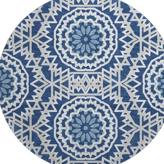 8' Navy Blue And Ivory Geometric Washable Round Rug With UV Protection Photo 4