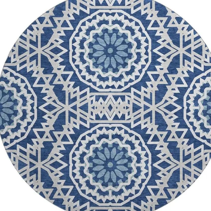 8' Navy Blue And Ivory Geometric Washable Round Rug With UV Protection Photo 4