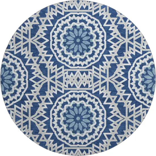 8' Navy Blue And Ivory Geometric Washable Round Rug With UV Protection Photo 1