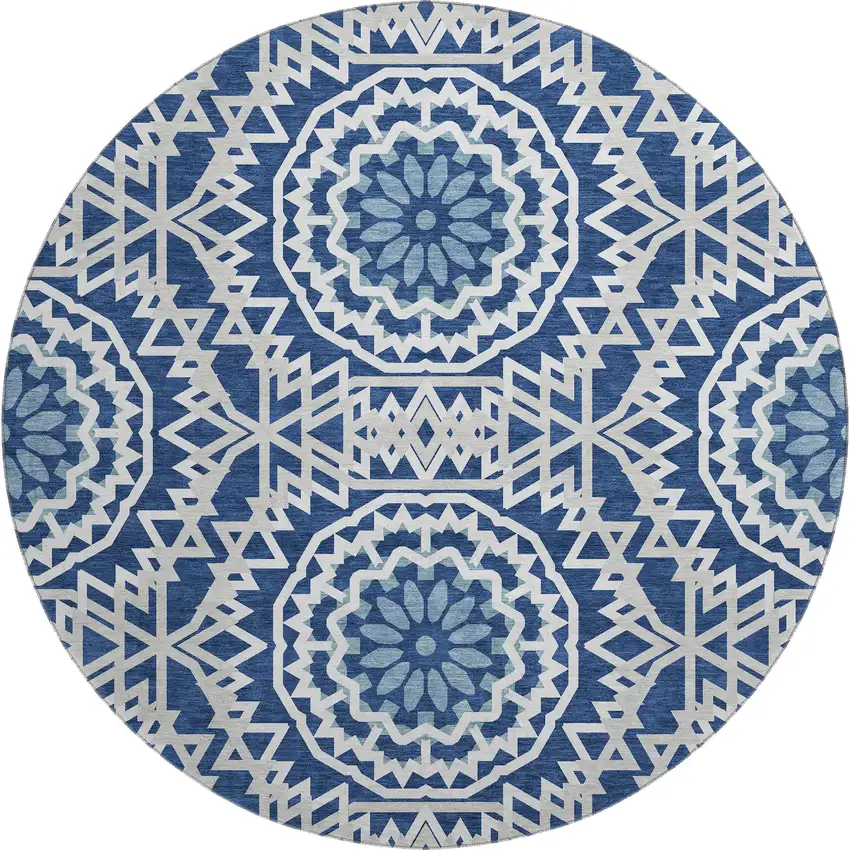8' Navy Blue And Ivory Geometric Washable Round Rug With UV Protection Photo 1