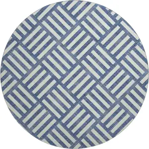 Photo of 8' Navy Blue And Ivory Geometric Washable Round Rug With UV Protection