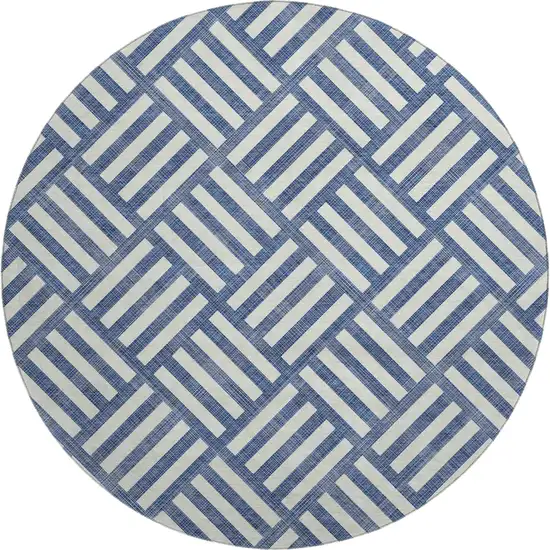 8' Navy Blue And Ivory Geometric Washable Round Rug With UV Protection Photo 1