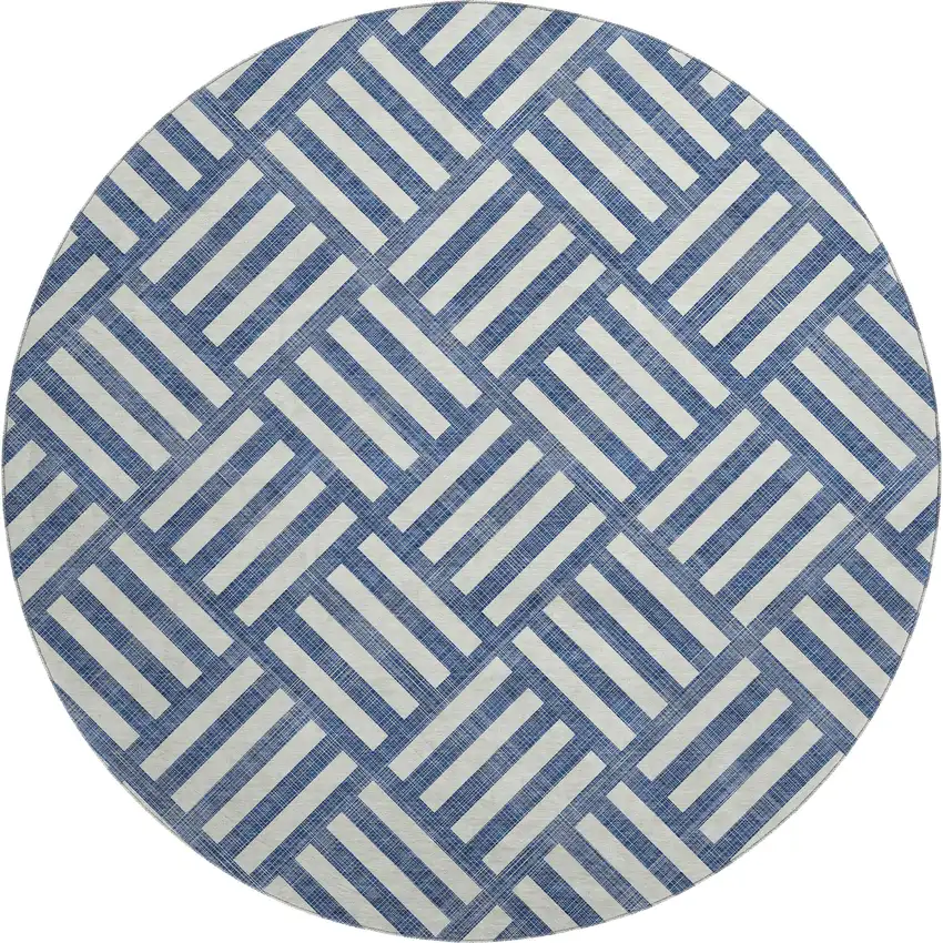 8' Navy Blue And Ivory Geometric Washable Round Rug With UV Protection Photo 1