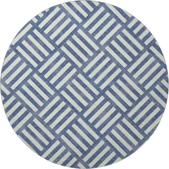 8' Navy Blue And Ivory Geometric Washable Round Rug With UV Protection Photo 3