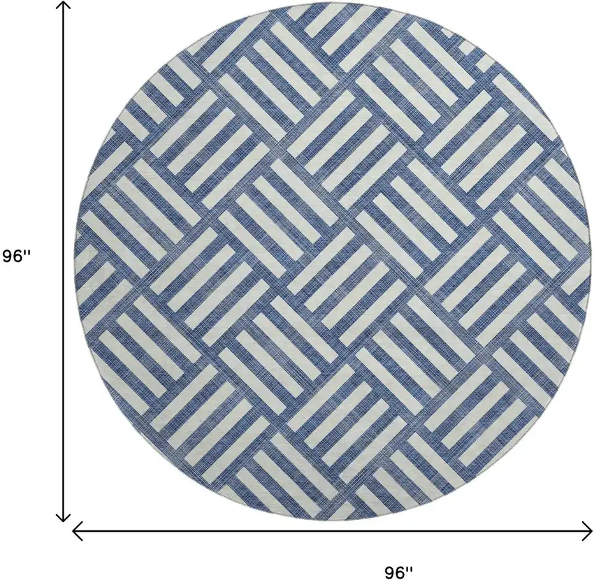 8' Navy Blue And Ivory Geometric Washable Round Rug With UV Protection Photo 9