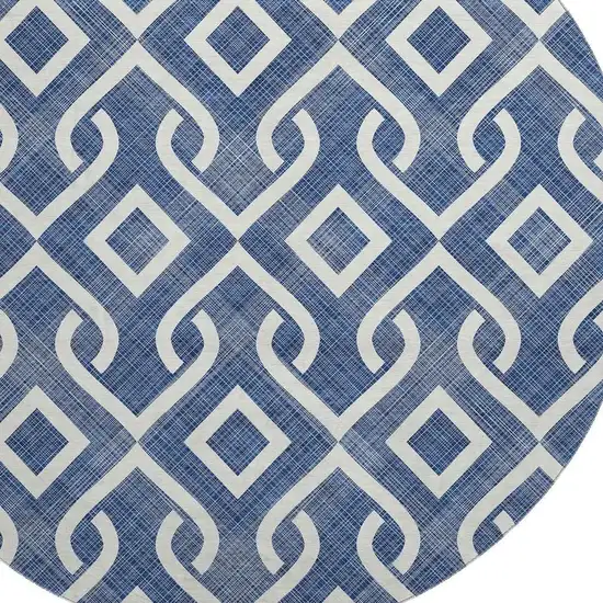 8' Navy Blue And Ivory Geometric Washable Round Rug With UV Protection Photo 3
