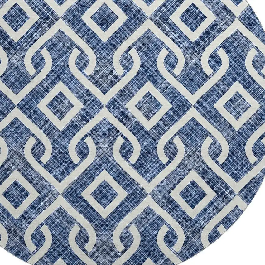 8' Navy Blue And Ivory Geometric Washable Round Rug With UV Protection Photo 3