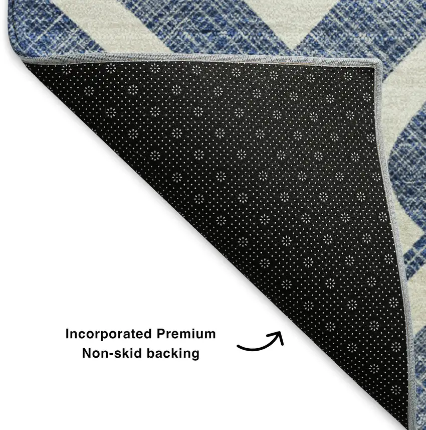 8' Navy Blue And Ivory Geometric Washable Round Rug With UV Protection Photo 6