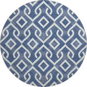 Photo of 8' Navy Blue And Ivory Geometric Washable Round Rug With UV Protection