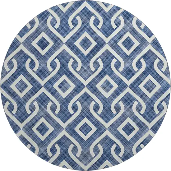 8' Navy Blue And Ivory Geometric Washable Round Rug With UV Protection Photo 1