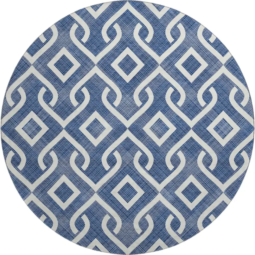 8' Navy Blue And Ivory Geometric Washable Round Rug With UV Protection Photo 1