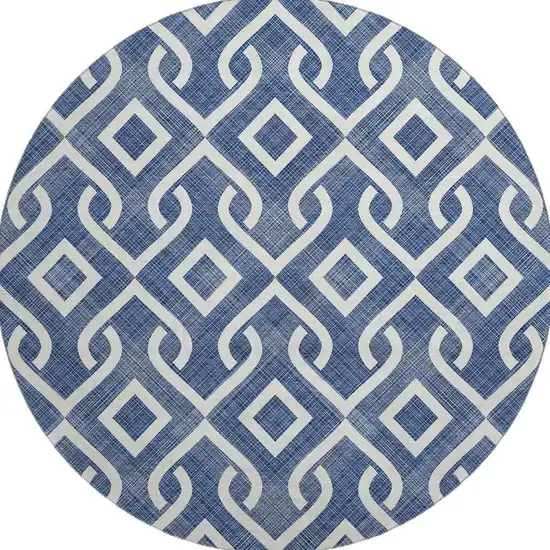 8' Navy Blue And Ivory Geometric Washable Round Rug With UV Protection Photo 4
