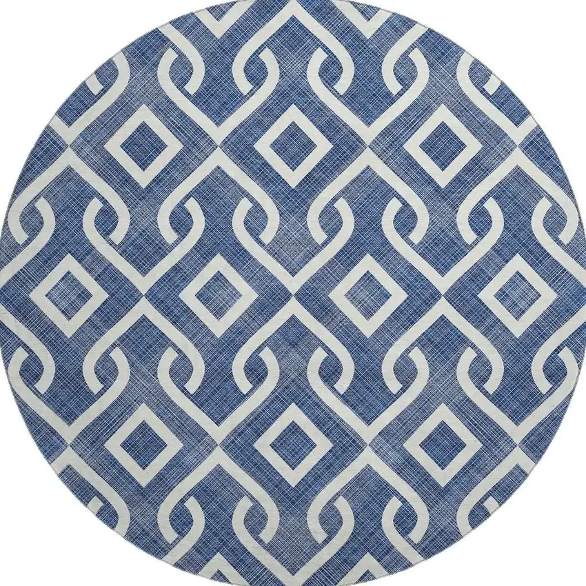8' Navy Blue And Ivory Geometric Washable Round Rug With UV Protection Photo 4