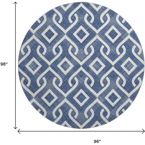 8' Navy Blue And Ivory Geometric Washable Round Rug With UV Protection Photo 3