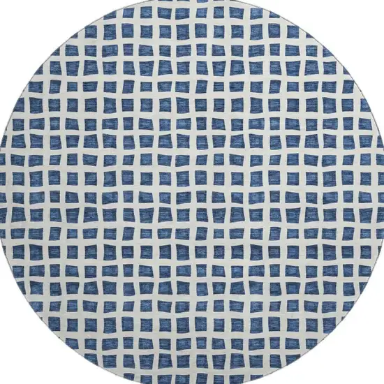 8' Navy Blue And Ivory Geometric Washable Round Rug With UV Protection Photo 4