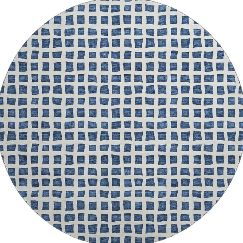 8' Navy Blue And Ivory Geometric Washable Round Rug With UV Protection Photo 4