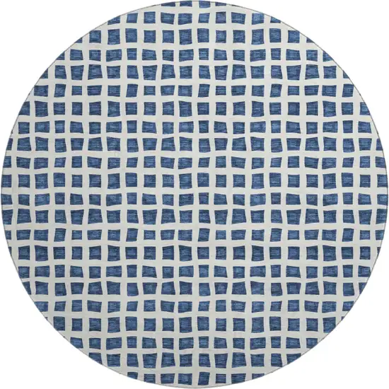8' Navy Blue And Ivory Geometric Washable Round Rug With UV Protection Photo 1