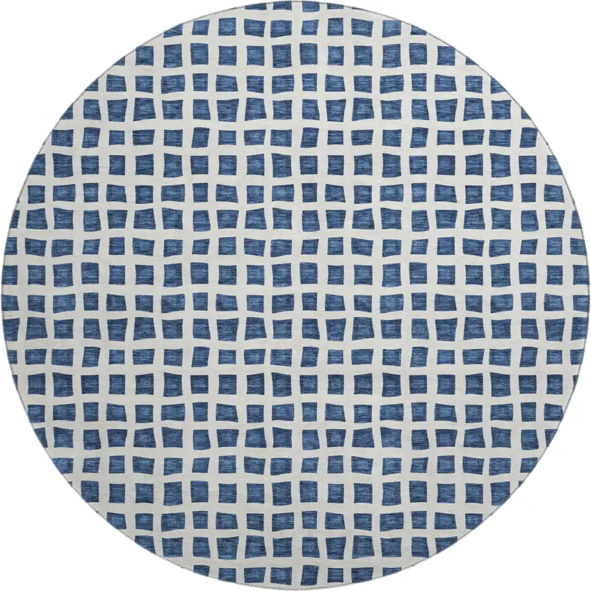 8' Navy Blue And Ivory Geometric Washable Round Rug With UV Protection Photo 1