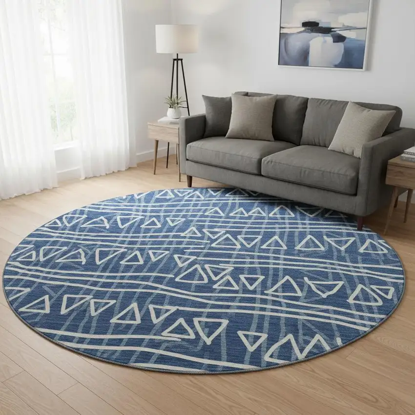 8' Navy Blue And Ivory Geometric Washable Round Rug With UV Protection Photo 2